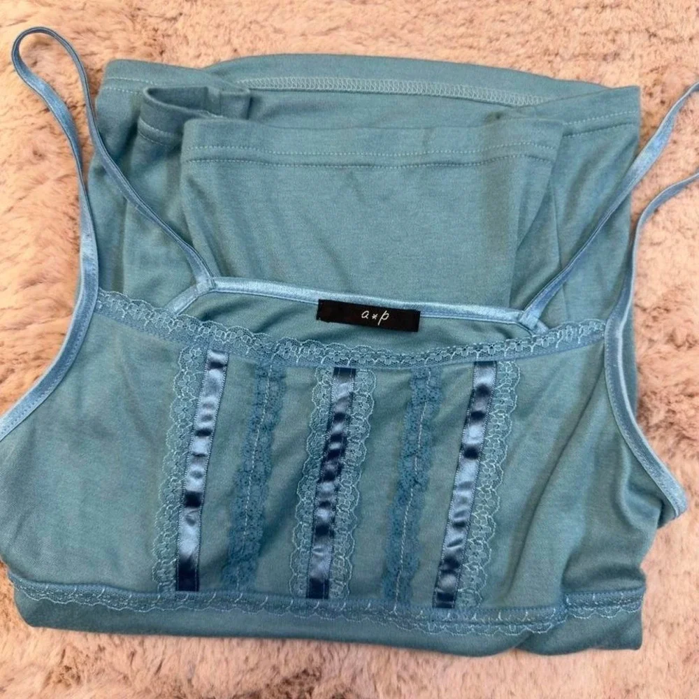 blue satin trim lace cami top, y2k soft girl, Fairycore, Coquette, Spring top - Picture 3 of 8